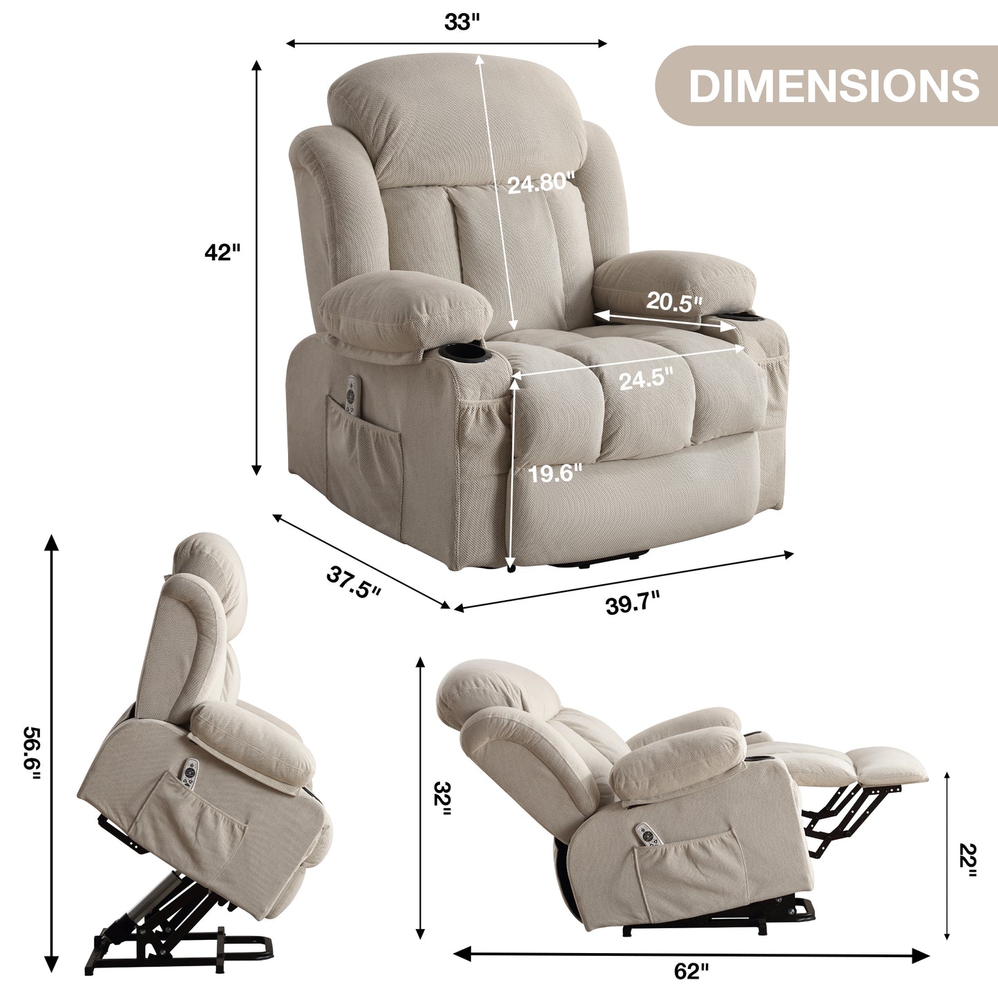 Vanbow II Power Lift Recliner Chair with Heat and Massage with USB - Beige