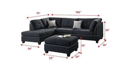 Surya 3pc Sectional Sofa Polyfiber Cushion Sofa Chaise Ottoman Reversible Couch Pillows - Black