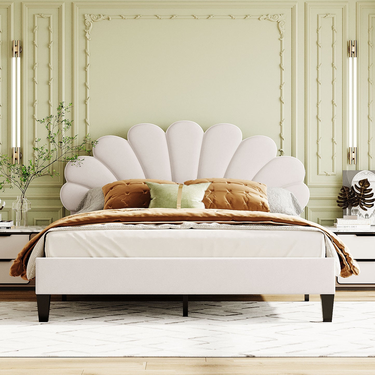 Floral Bliss Queen Size Velvet Platform Bed Frame - Beige