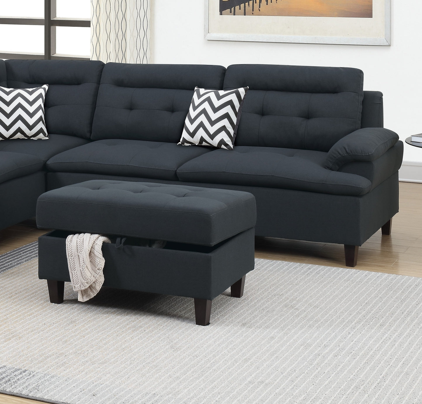 Lar Sectional Fabric Sofa w Ottoman - Black