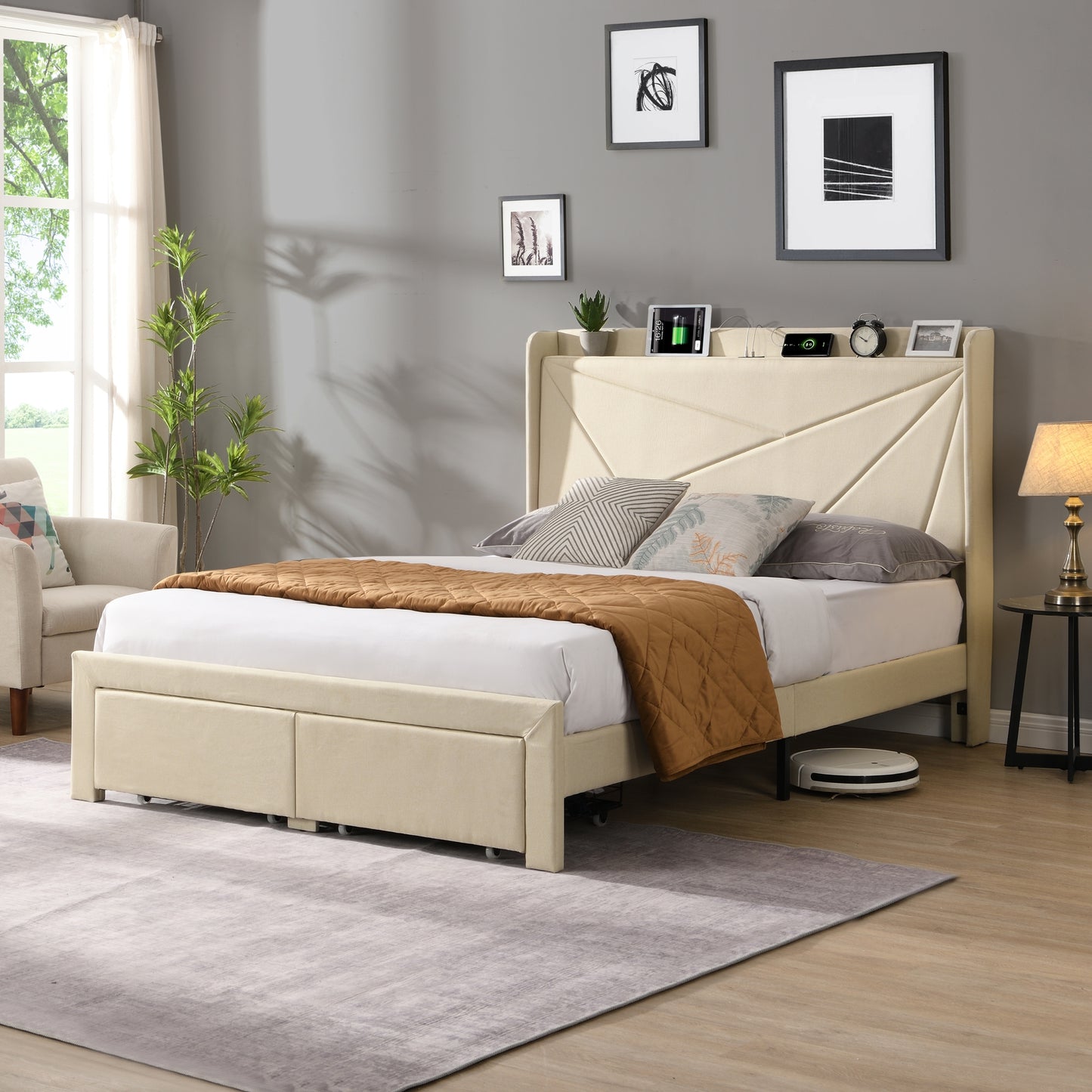 Craven Queen Size Bed Frame with 2 Storage Drawers - Beige