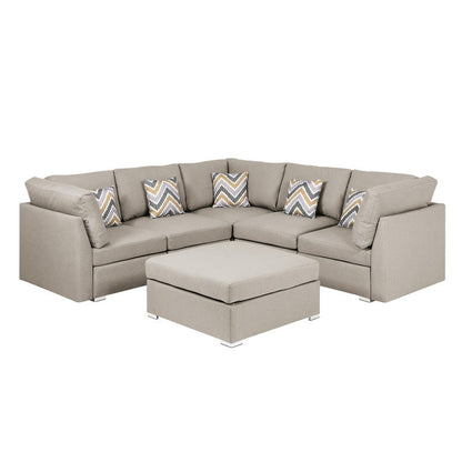 Amira Fabric Reversible Sectional Sofa with Ottoman and Pillows - Beige