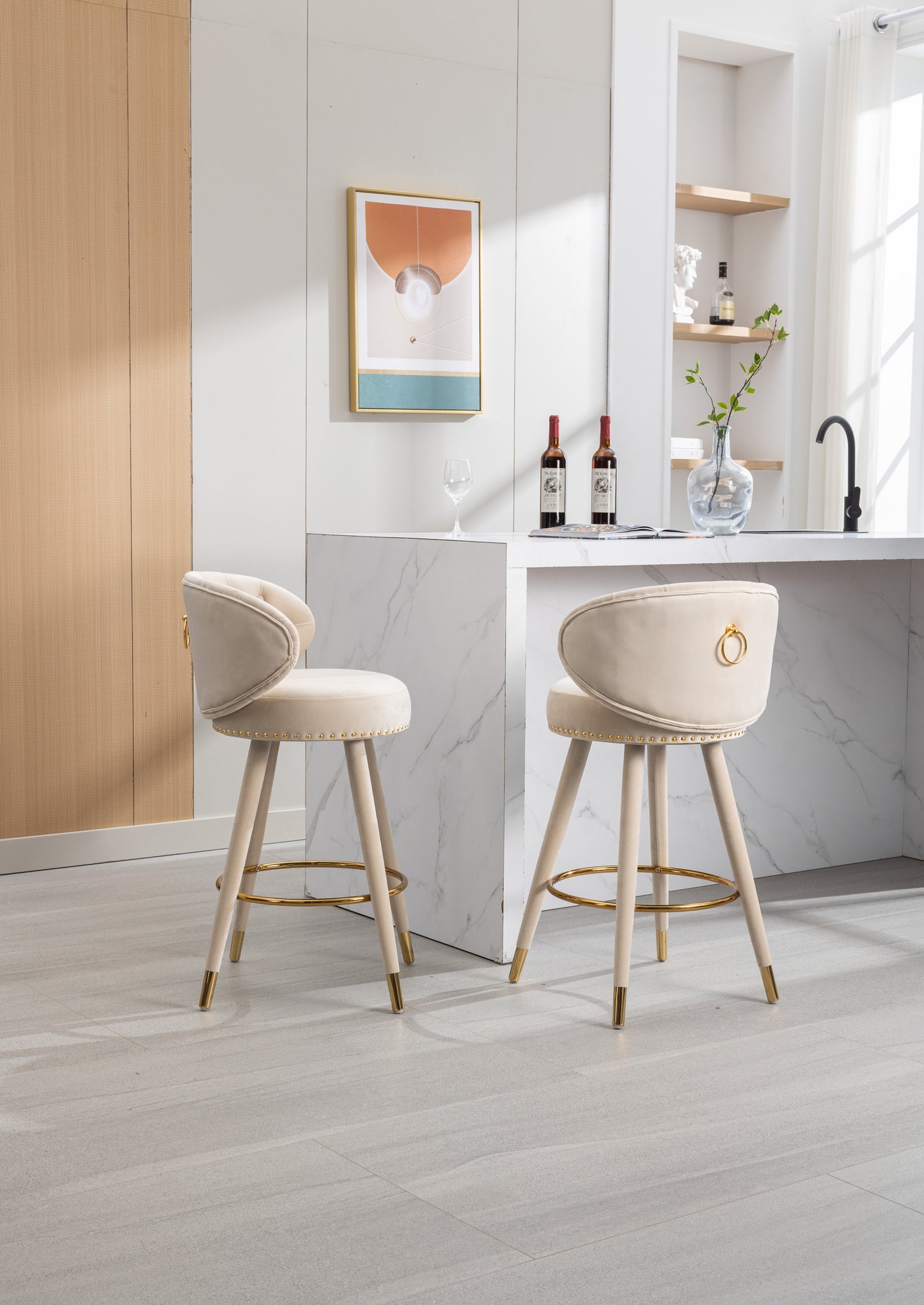 Emma Bar Stools with Back and Footrest  - Beige Set of 2