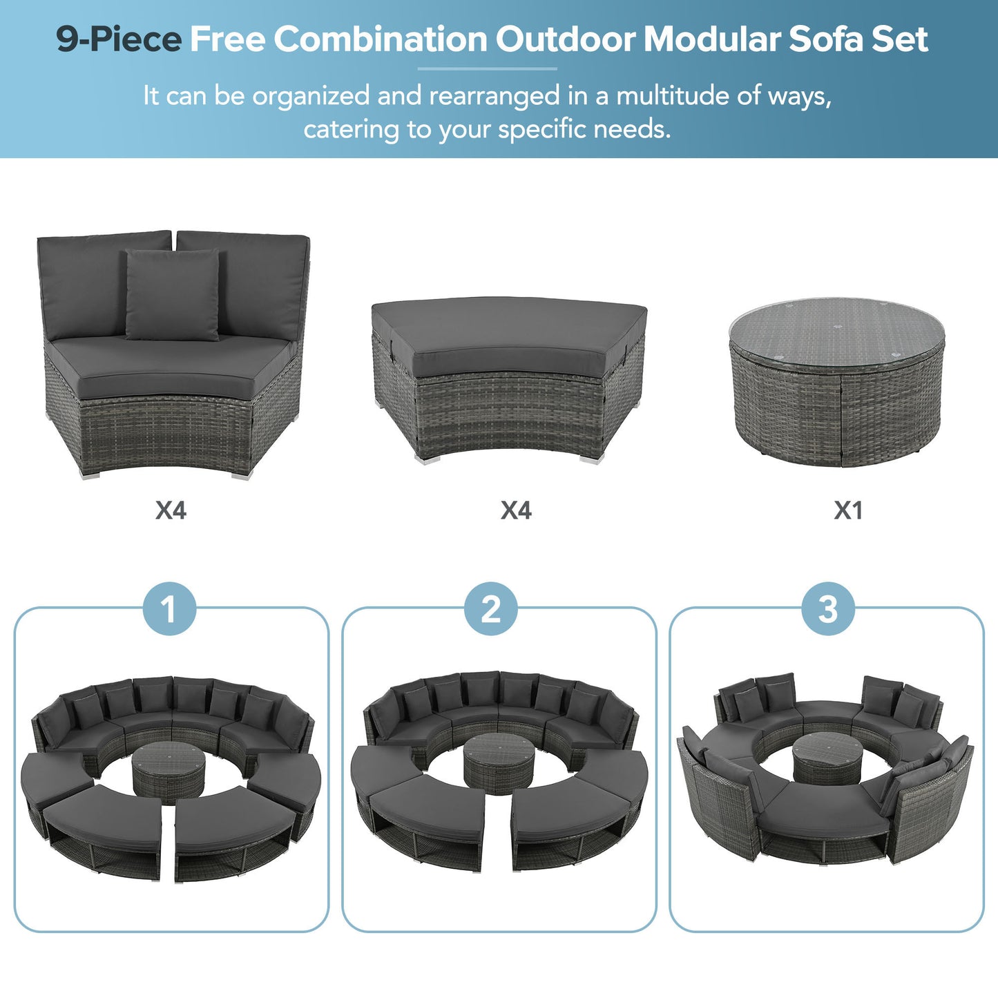 Serrano 9 Pc Outdoor Patio Circular Outdoor Sofa Set - Gray