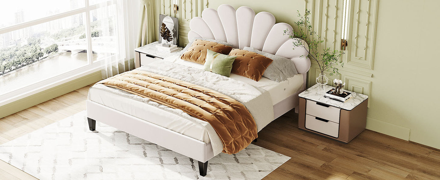 Floral Bliss Queen Size Velvet Platform Bed Frame - Beige