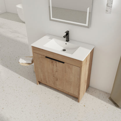 36" Freestanding Bathroom Vanity with White Ceramic Sink & 2 Soft-Close Cabinet Doors