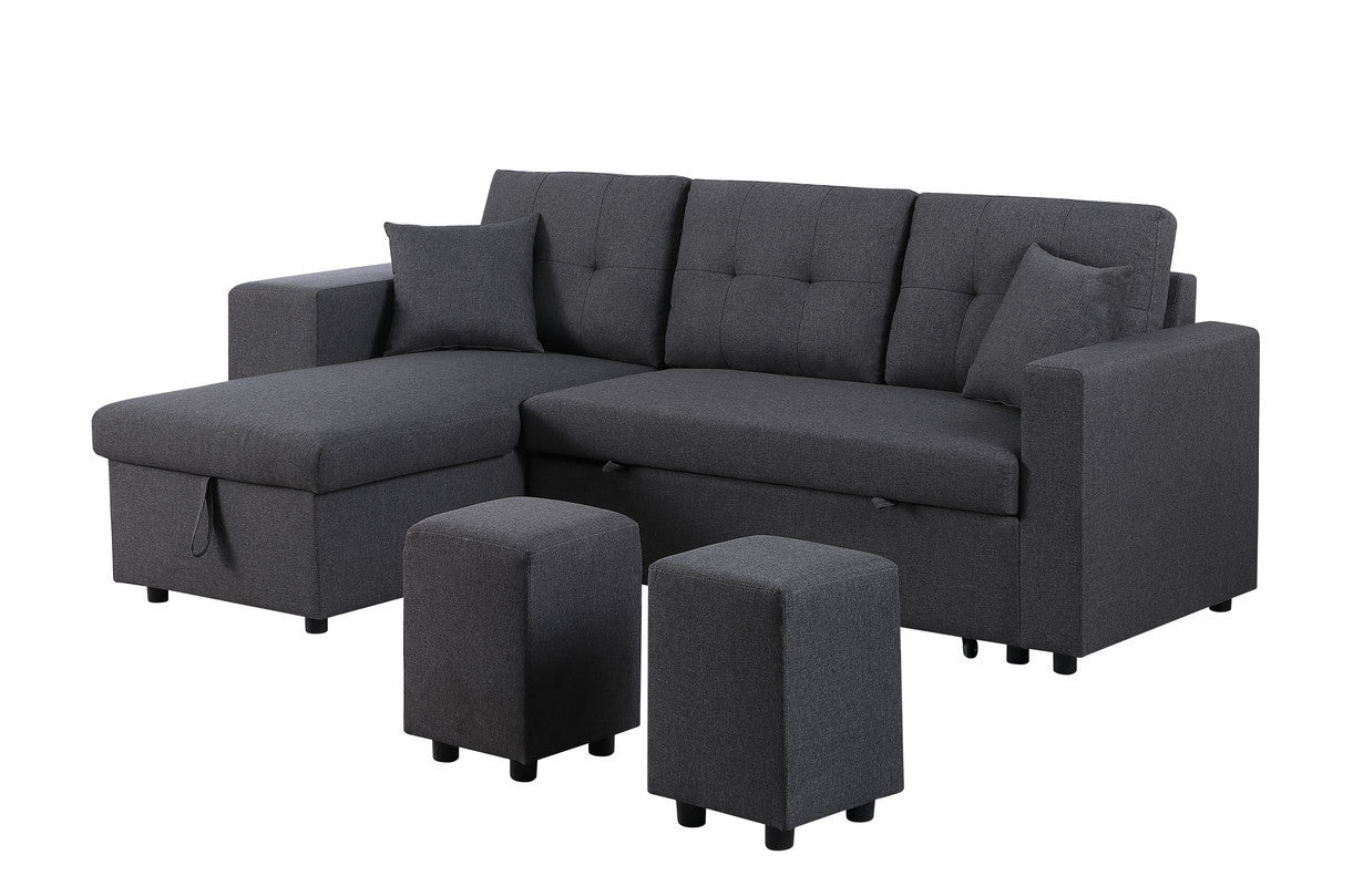 Dennis Fabric Reversible Sleeper Sectional with Storage Chaise and 2 Stools - Dark Gray