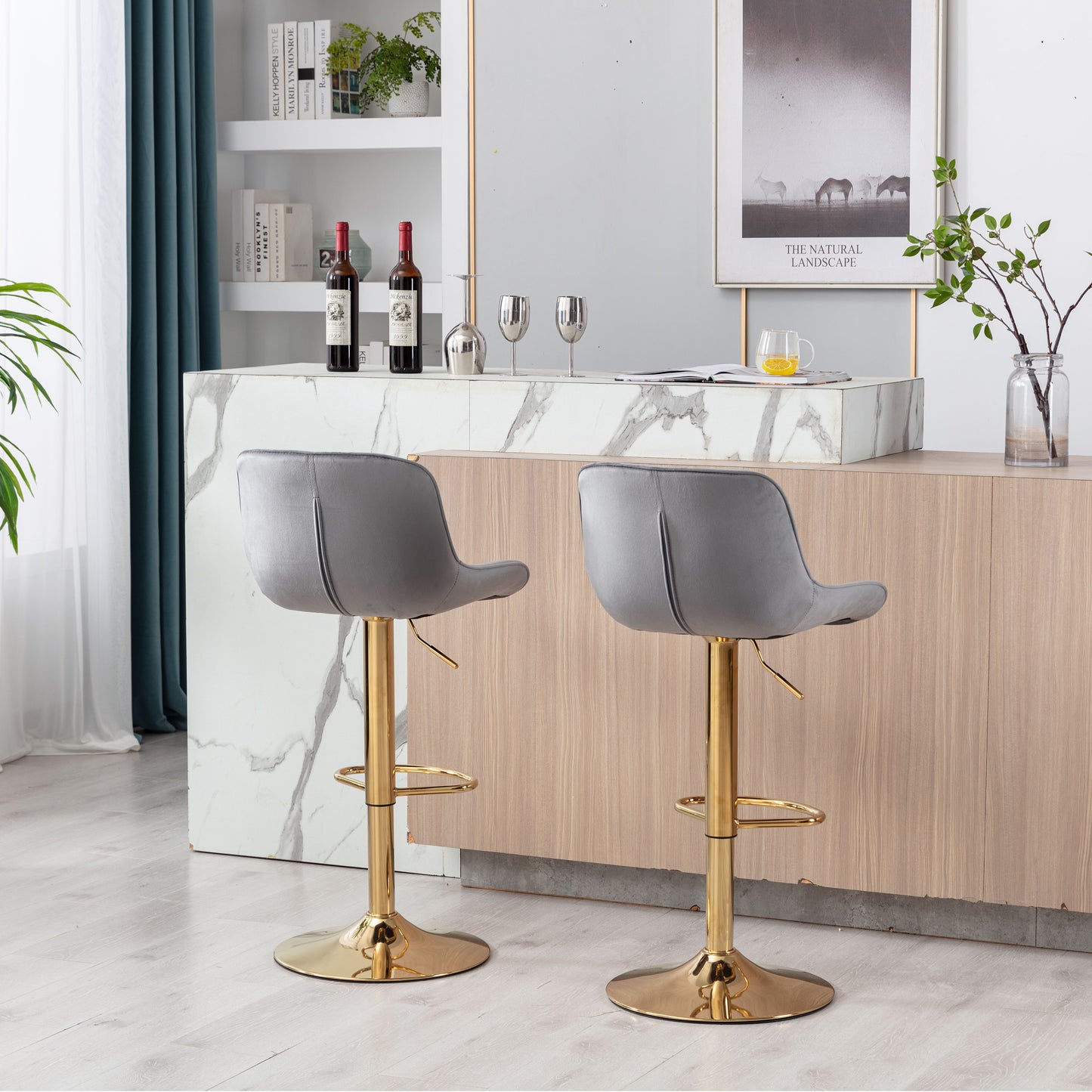 Stramline Adjustable Velvet + Golden Leg Bar Stool - Gray Set of 2