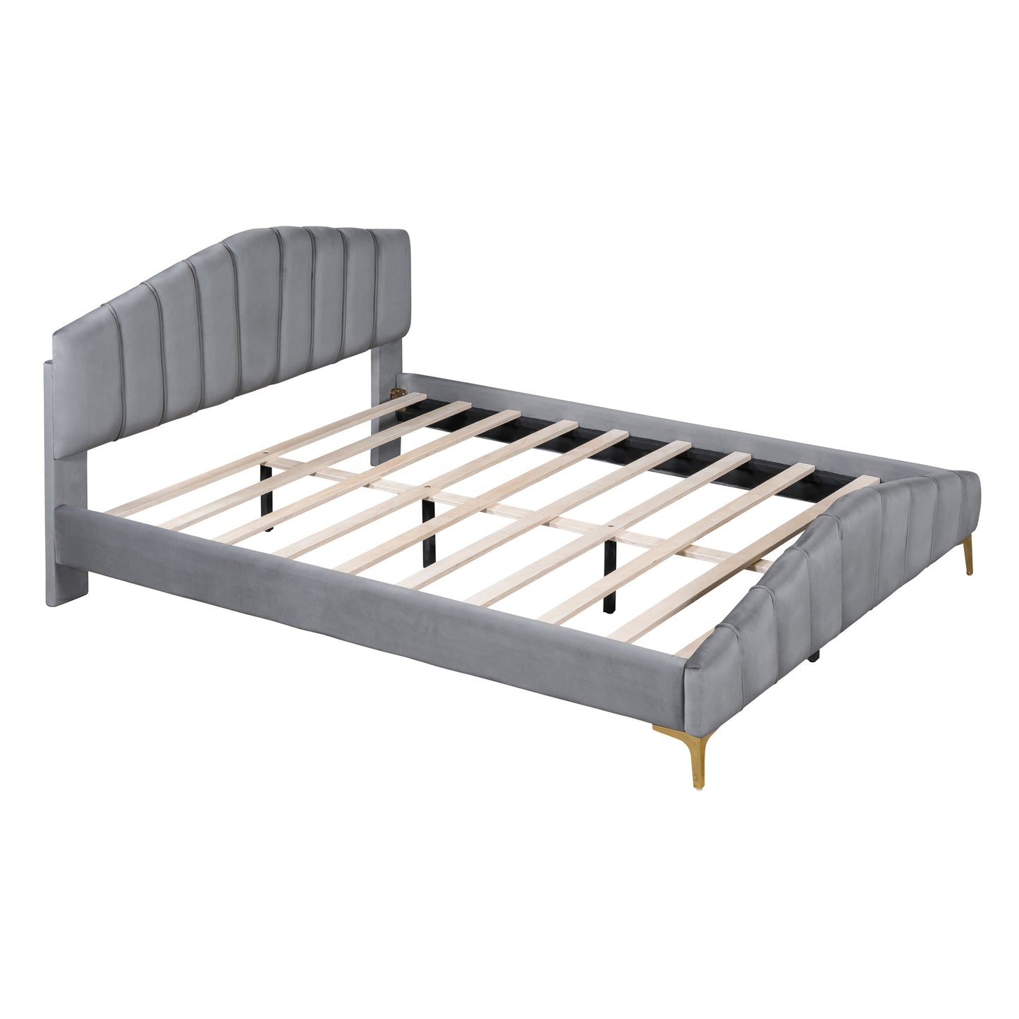 ZuZu Queen Size Velvet Platform Bed with Metal Bed Leg - Gray