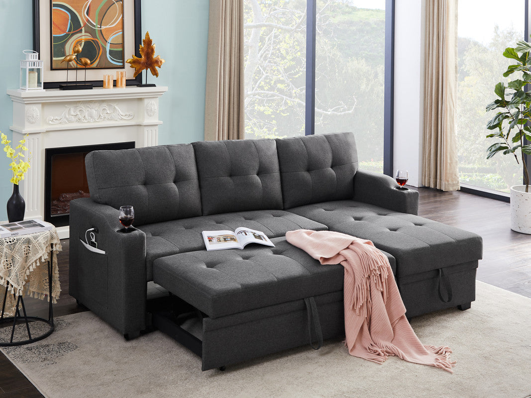 Mabel Linen Fabric Sleeper Sectional with cupholder, USB charging port and pocket - Dark Gray