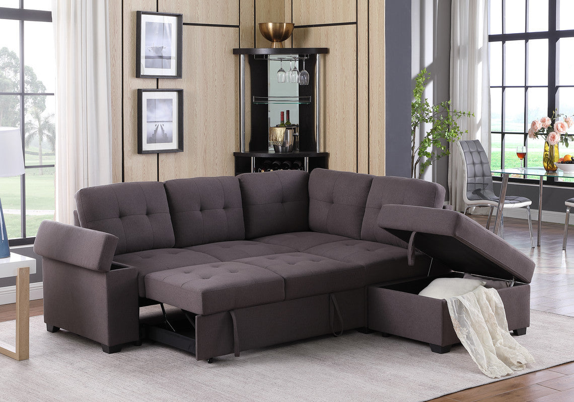 Katie Linen Sleeper Sectional Sofa with Storage Ottoman - Brown