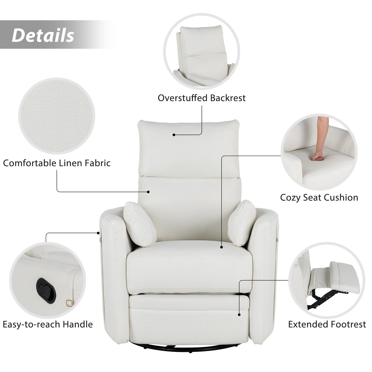 Niki Upholstered Swivel Recliner - Beige