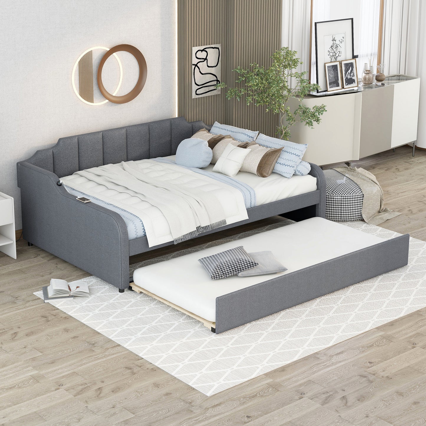 Clair Full Size Daybed with Trundle and USB Chargings - Gray