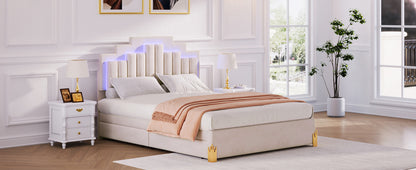 Neco Queen Size Platform Bed with LED and 4 Drawers - Beige