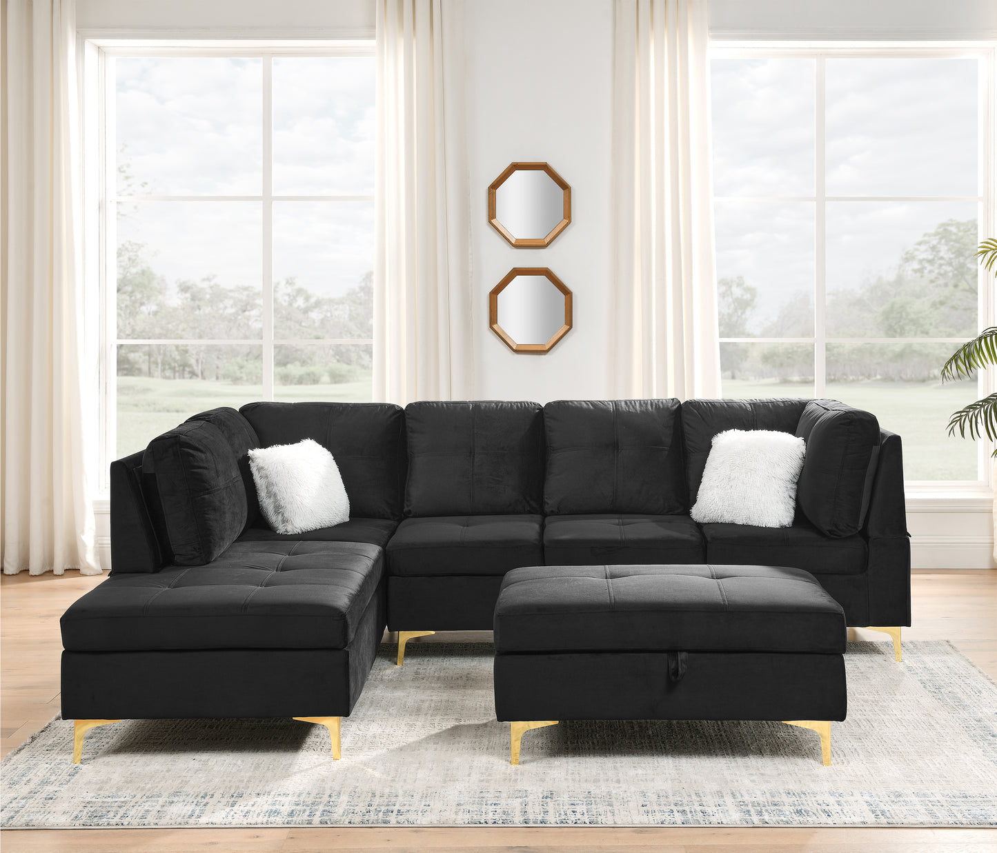 Lenavo Velvet Sectional Sofa - Black