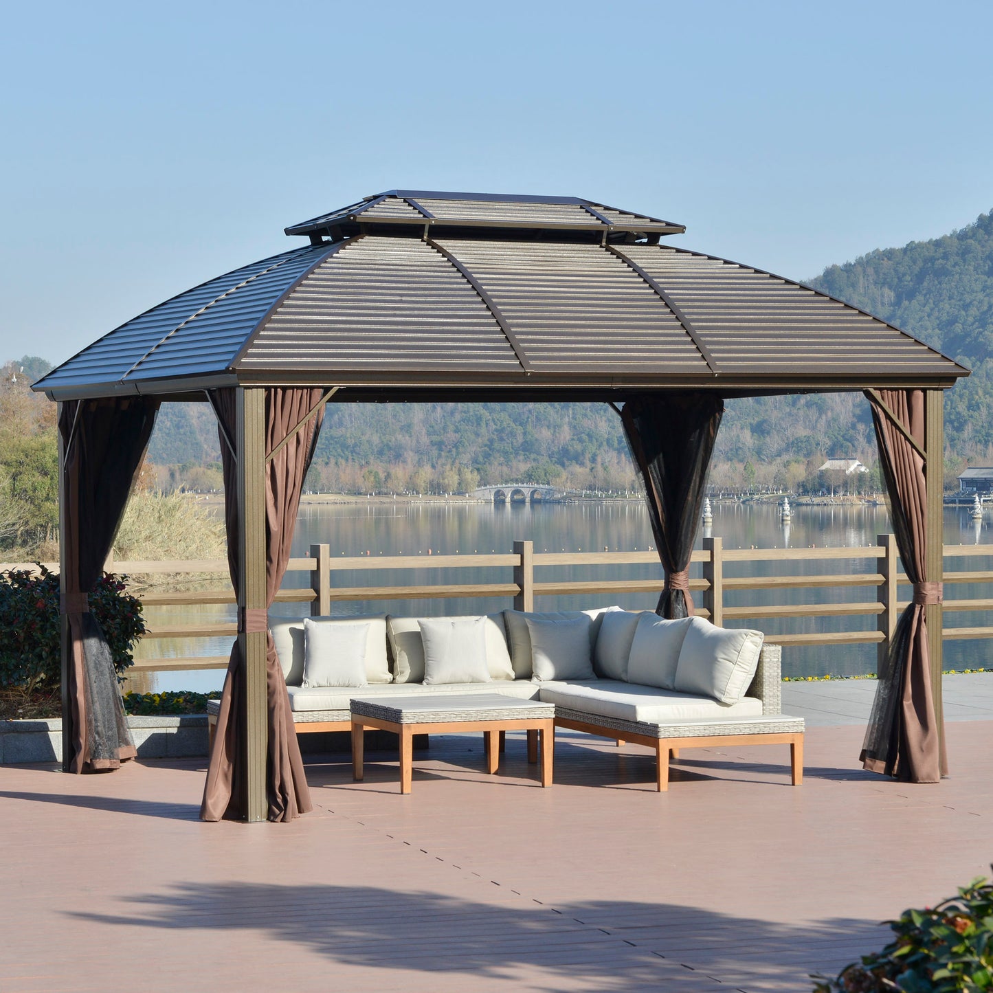 Kins 10 x 12 ft Hardtop Patio Gazebo Aluminum Frame - Brown