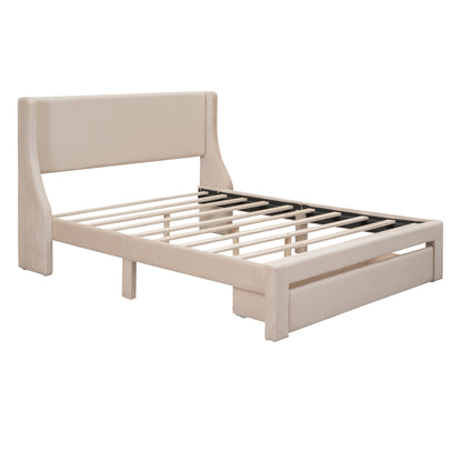 Renni Queen Size Velvet Platform Bed Frame with Drawer - Beige