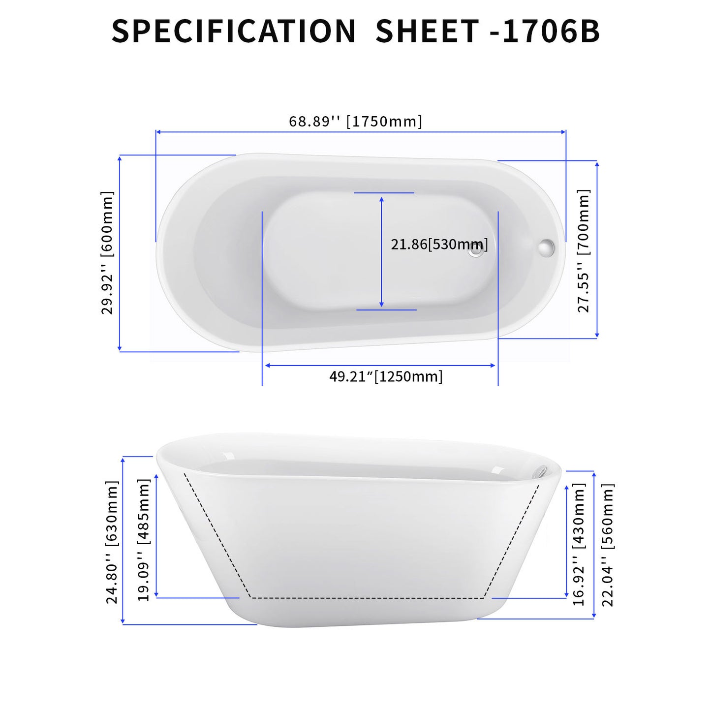 Omex 69"  Acrylic Freestanding Soaking Bathtub  - White