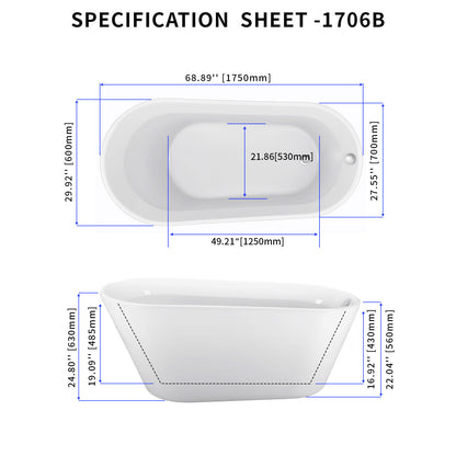 Omex 69"  Acrylic Freestanding Soaking Bathtub  - White