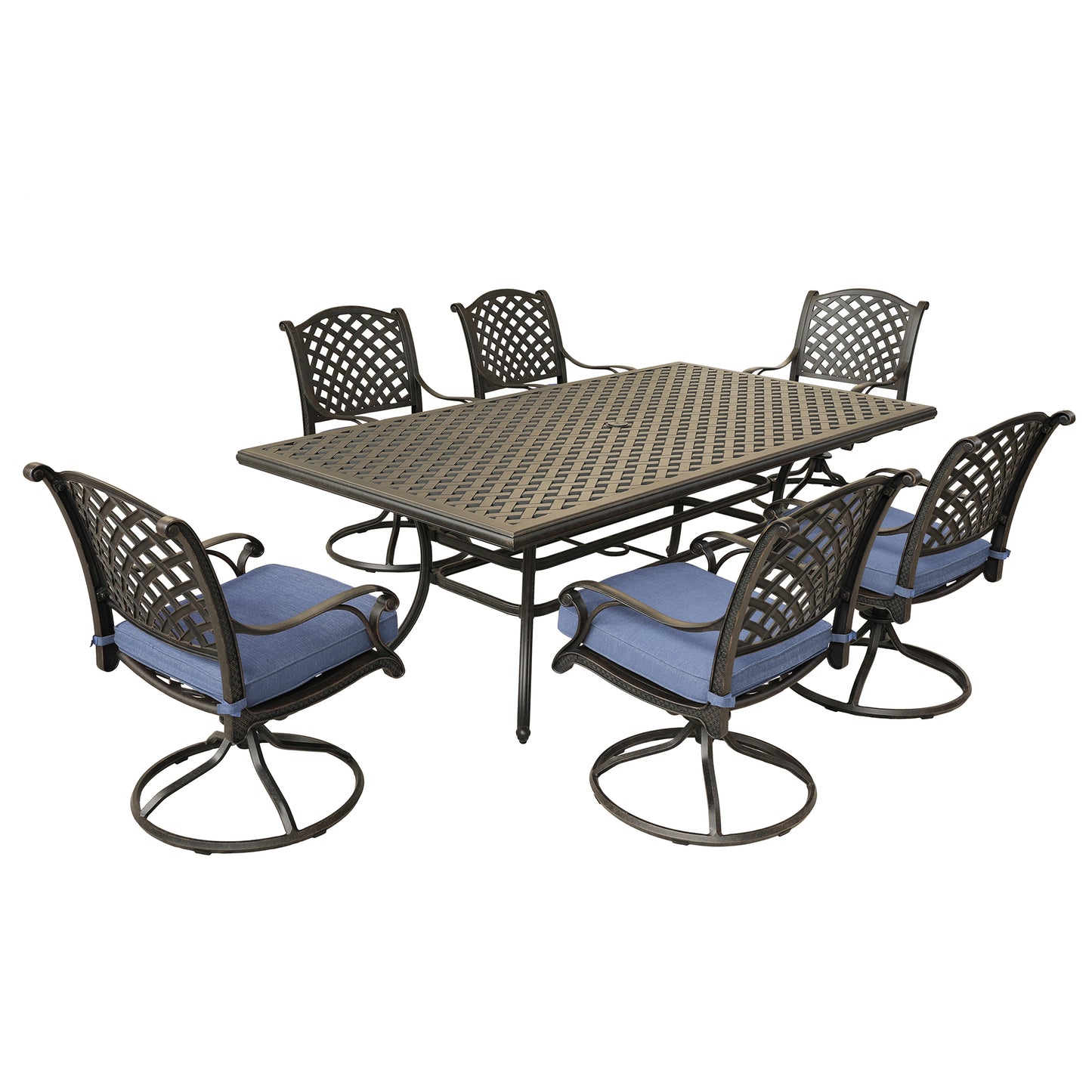 Neda 7 Pc 86" Aluminum Rectangular Dining Set with Cushions (Swivel Chairs)- Navy Blue