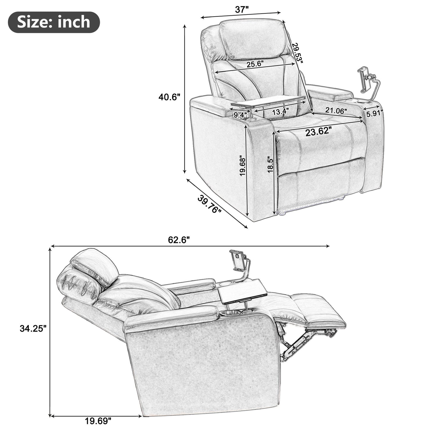 Nap Station Motion Recliner with 360° Swivel Tray Table  - Gray