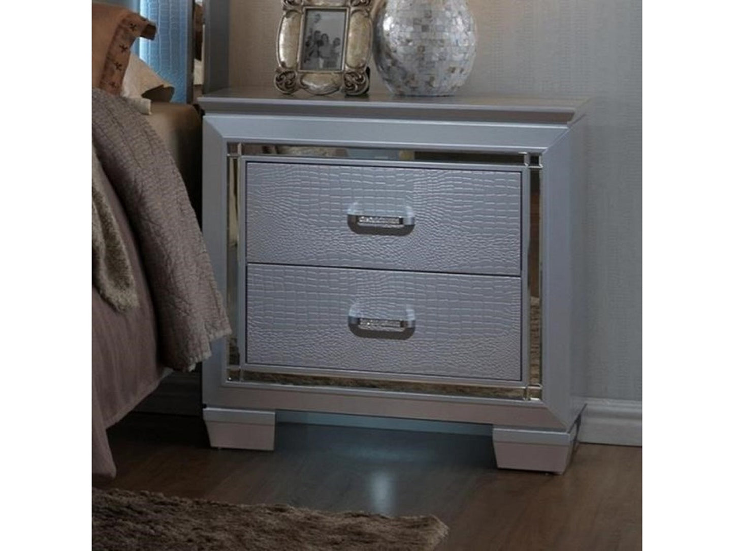 Fidel Solid Wood Two Drawers Nightstand  Built-in Night Light - Silver