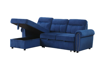 Ashton Velvet Fabric Reversible Sleeper Sectional Sofa Chaise - Blue