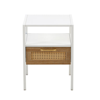 Rattan End table with  drawer Modern nightstand - White