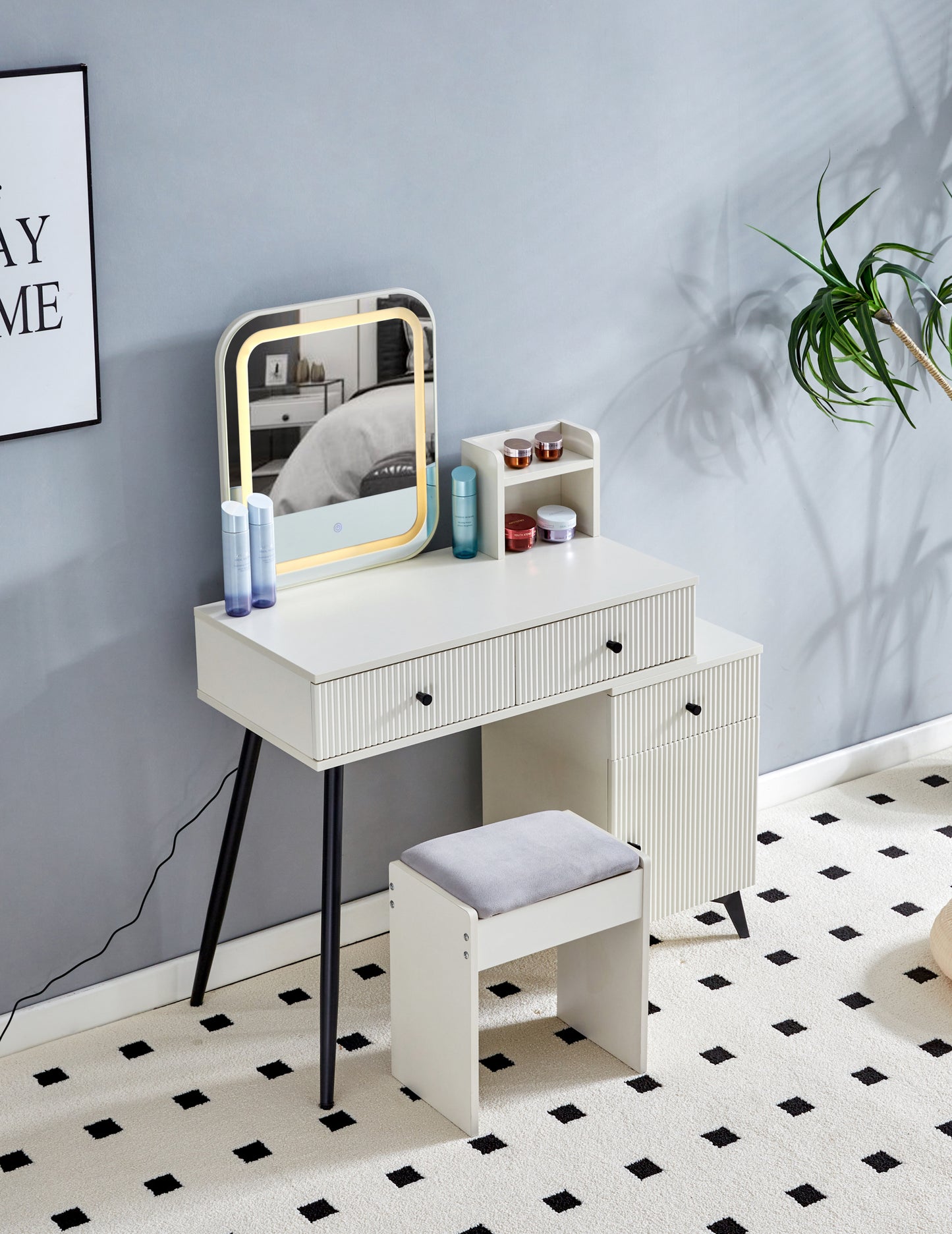 Glover Fluted Makeup Vanity Desk with Square LED Mirror