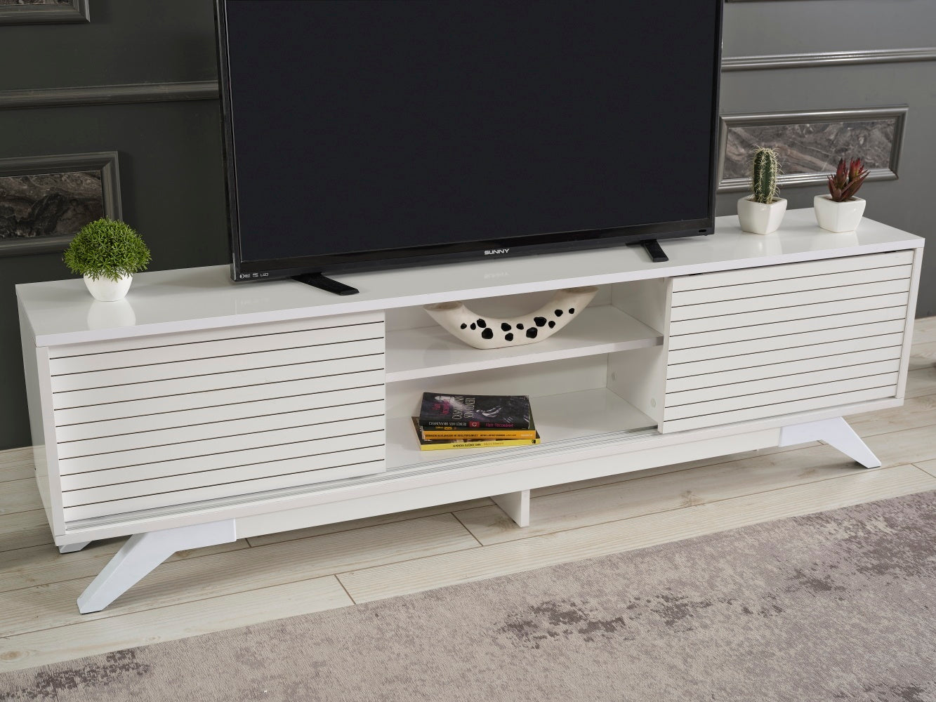 Luxia Mid Century Modern TV Stand 2 Sliding Door- White