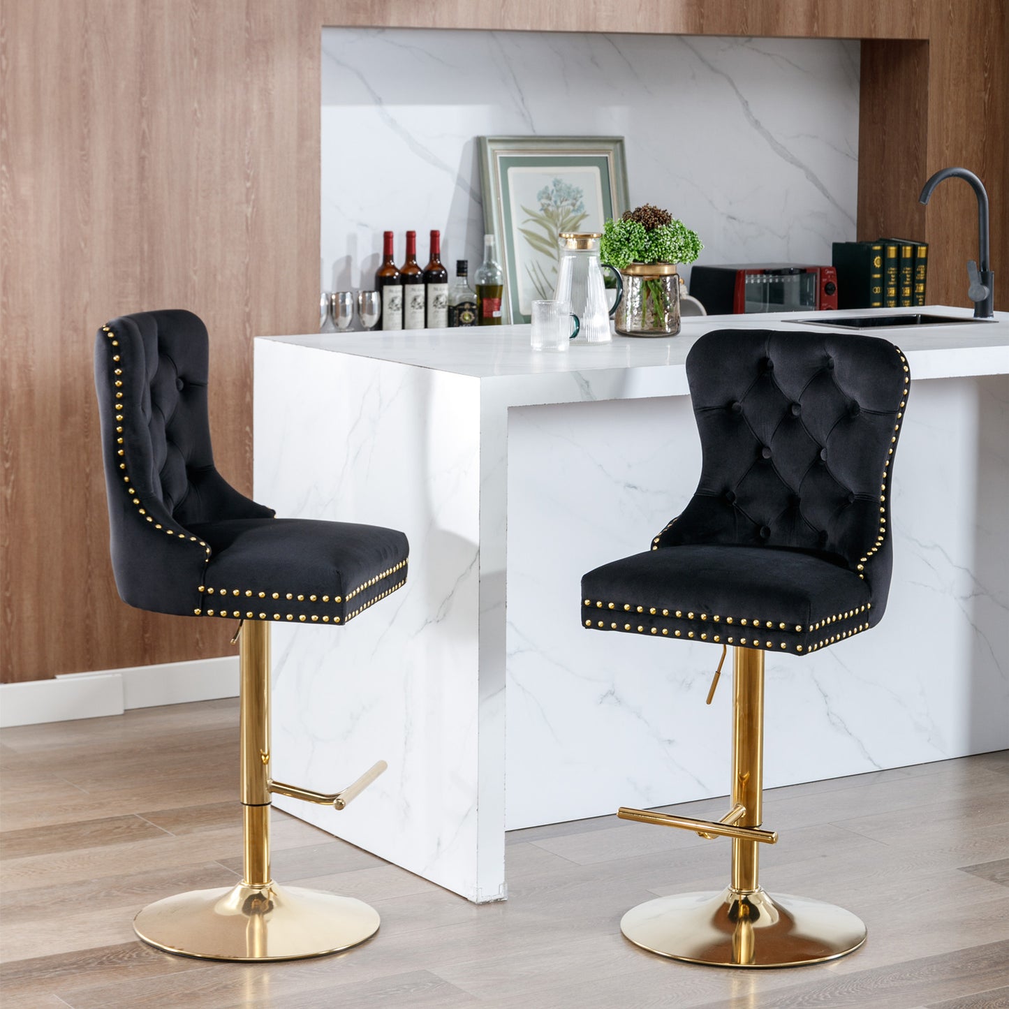 Golden Velvet Comfort Barstools - Black Set of 2