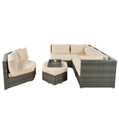 Keva 6 Pc Outdoor Rattan Wicker Half-Moon Sectional Sofa Set - Beige