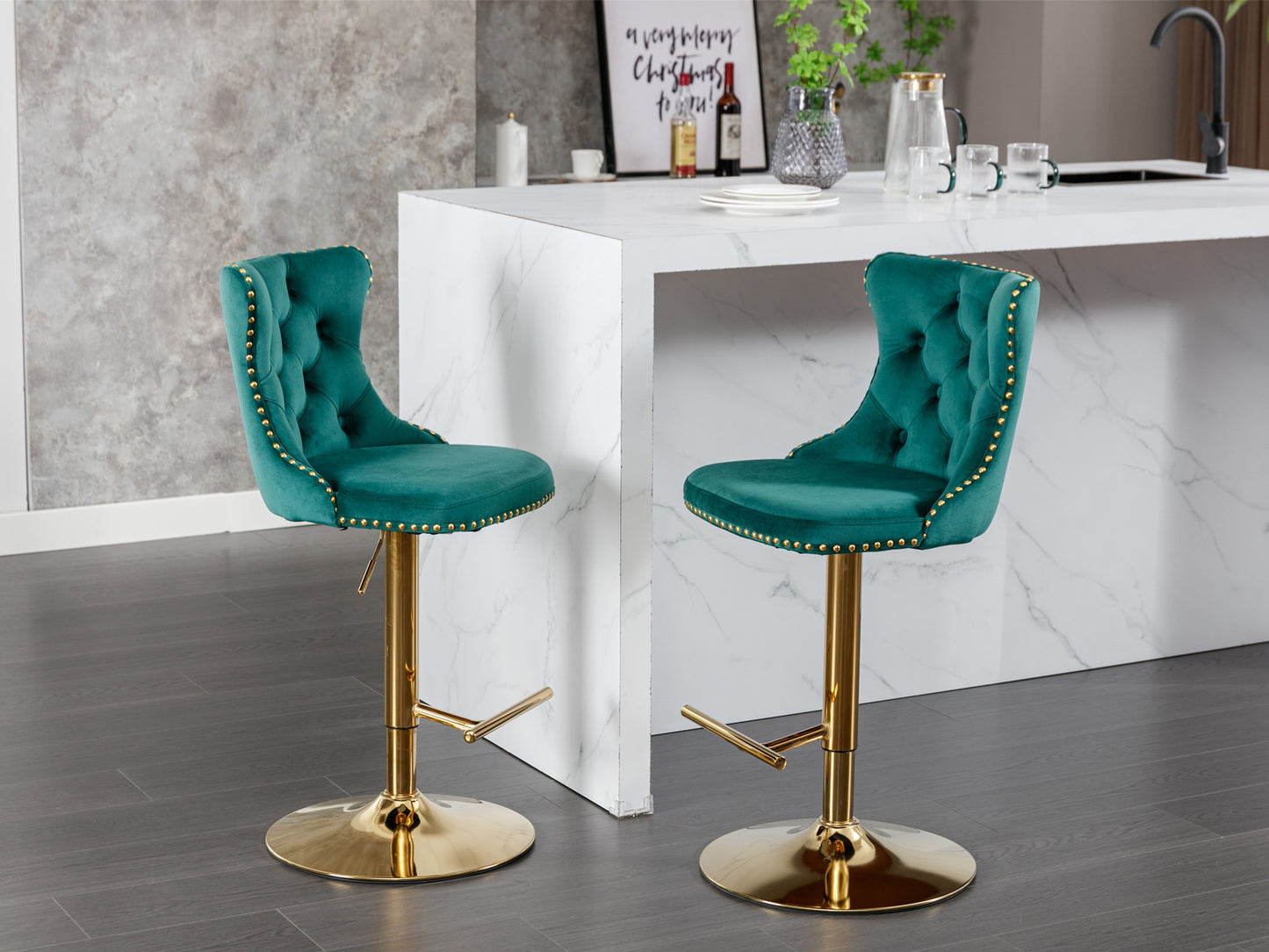 Stellar Golden Swivel Velvet Barstools Adjusatble Height - Green  Set of 2