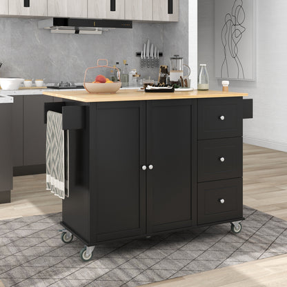 Oasis Kitchen Island with Solid Wood Top and Locking Wheels - Black