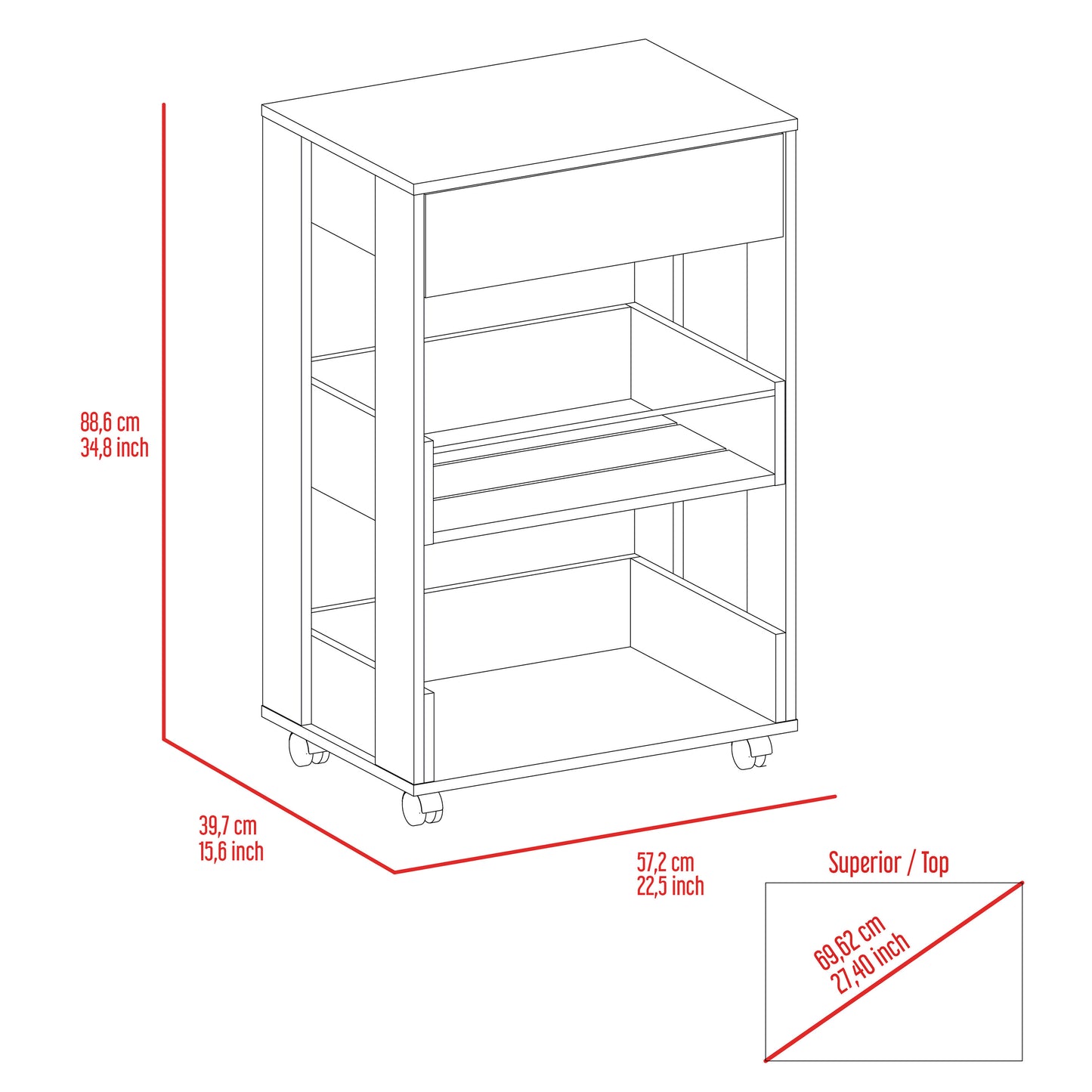 Verona Kitchen Cart Three Shelves, Four Casters - White + Dark Walnut