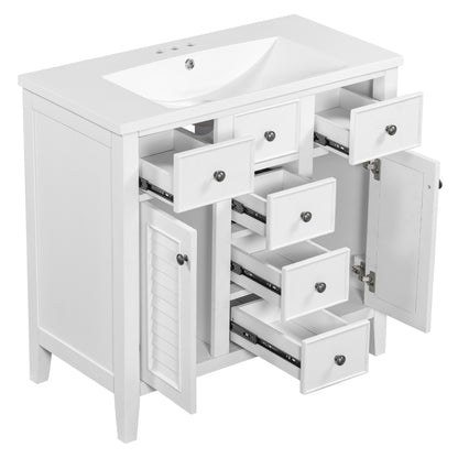 Bathroom Vanity with Ceramic Basin, Two Cabinets and Five Drawers - White