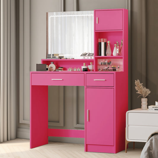 Alyssa Vanity Desk with Mirror and LED Light Strip - Rose Pink