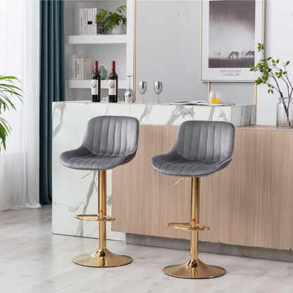 Stramline Adjustable Velvet + Golden Leg Bar Stool - Gray Set of 2