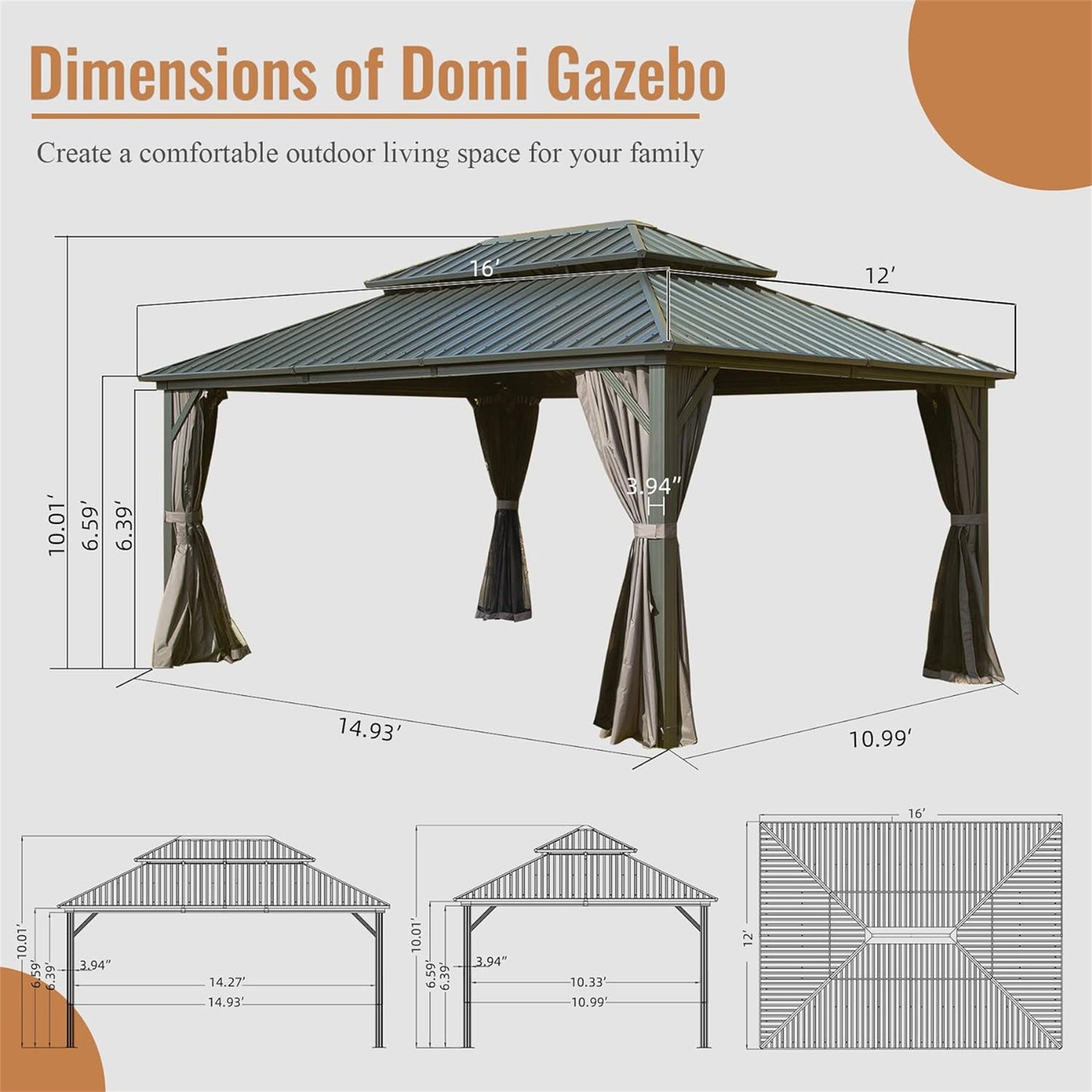 Genesis 12 X 16 ft Hardtop Gazebo - Gray