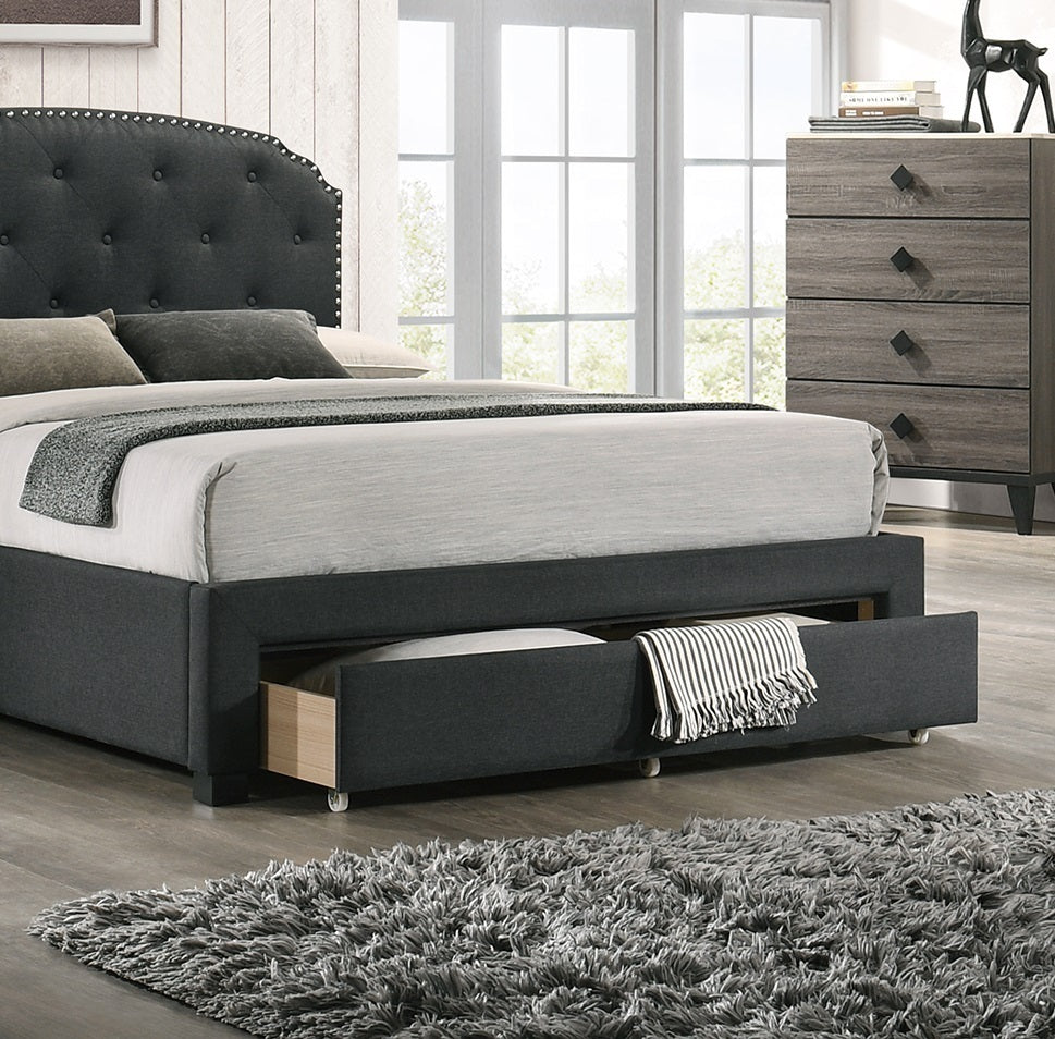 Emporium Twin Size Bed w Drawer Button Tufted - Charcoal