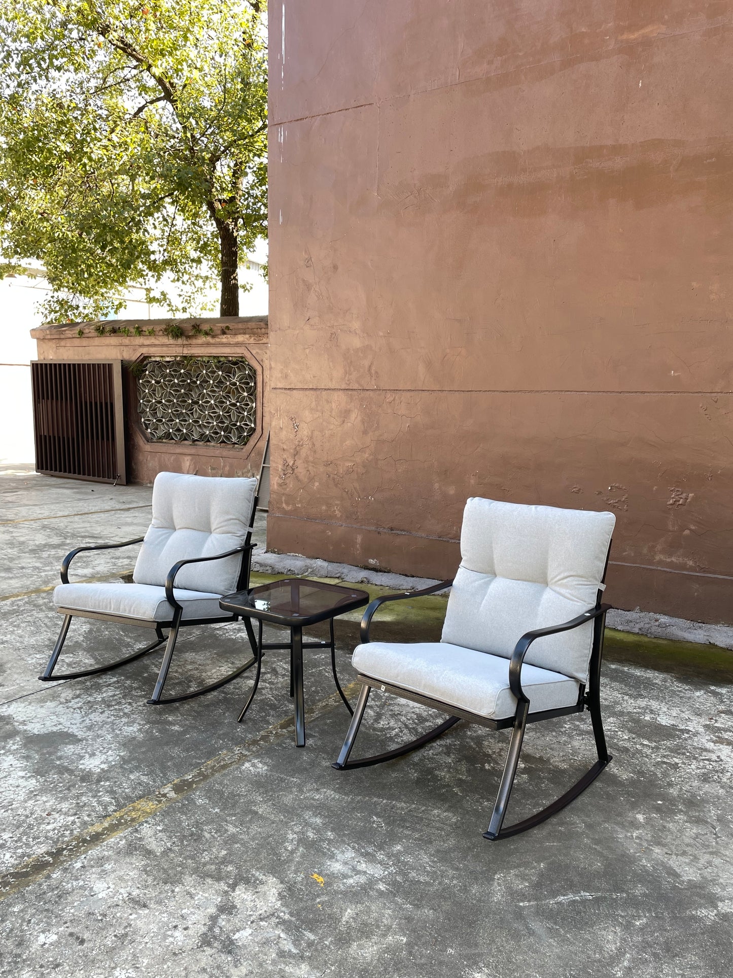 Ariane 3 Pc Outdoor Swivel Rocker Patio Chairs - Off White