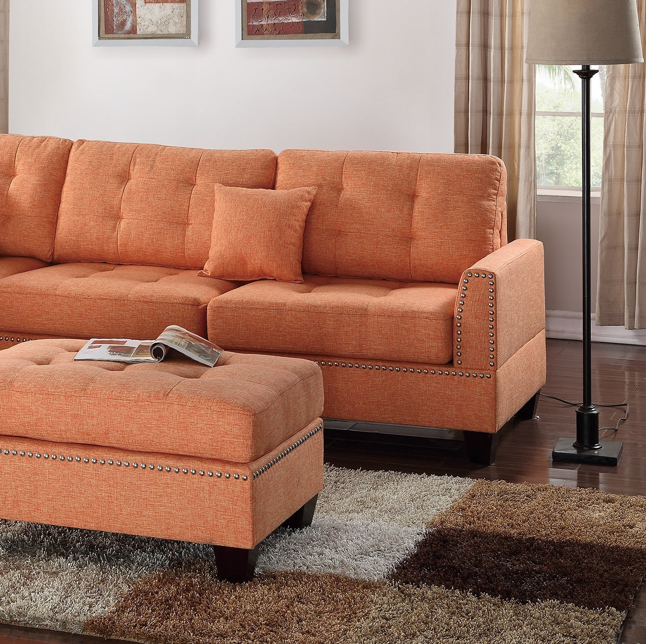 Amara 3pcs Sectional Reversible Chaise Sofa And Ottoman - Orange