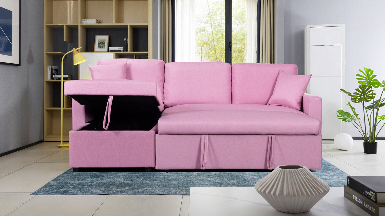 Paisley Linen Fabric Reversible Sleeper Sectional Sofa with Storage - Pink