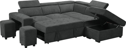 Henrik Sleeper Sectional Sofa with Storage Ottoman and 2 Stools - Dark Gray