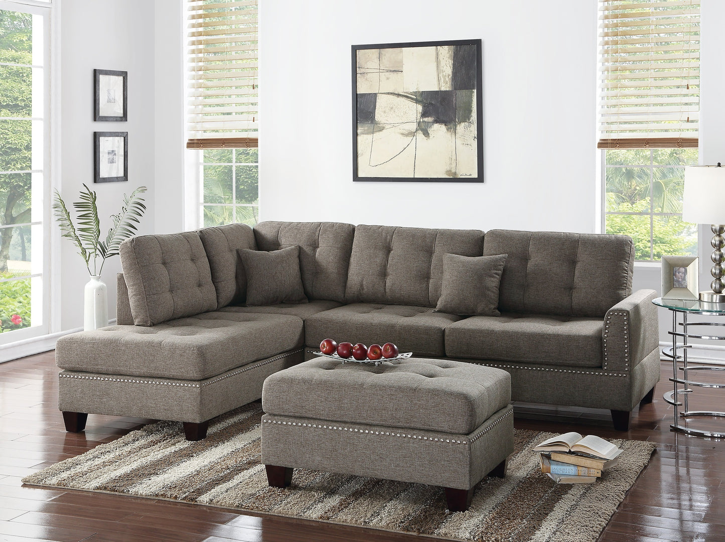 Amara 3pcs Sectional Reversible Chaise Sofa And Ottoman - Coffee