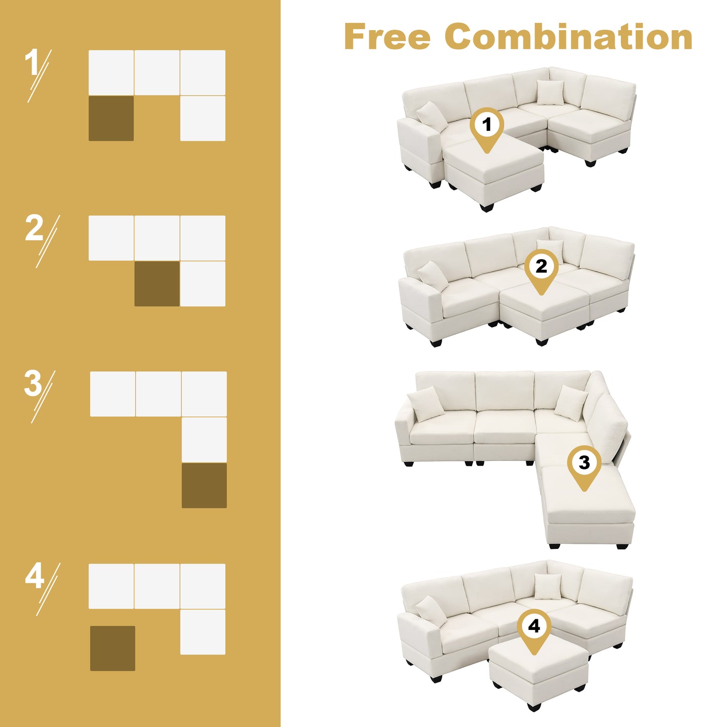 Aria 5-Seat Modular Sectional Set with Convertible Ottoman - Beige