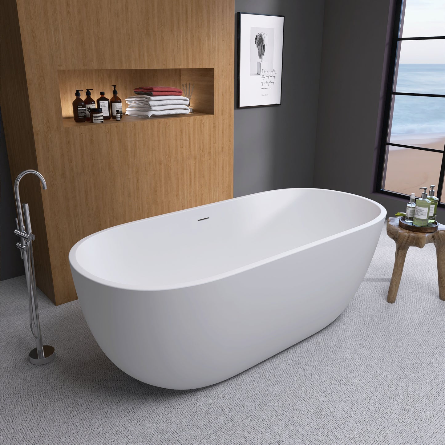 Hana 55" Oval Shape  Acrylic Freestanding  Soaking Bathtub - Matte White