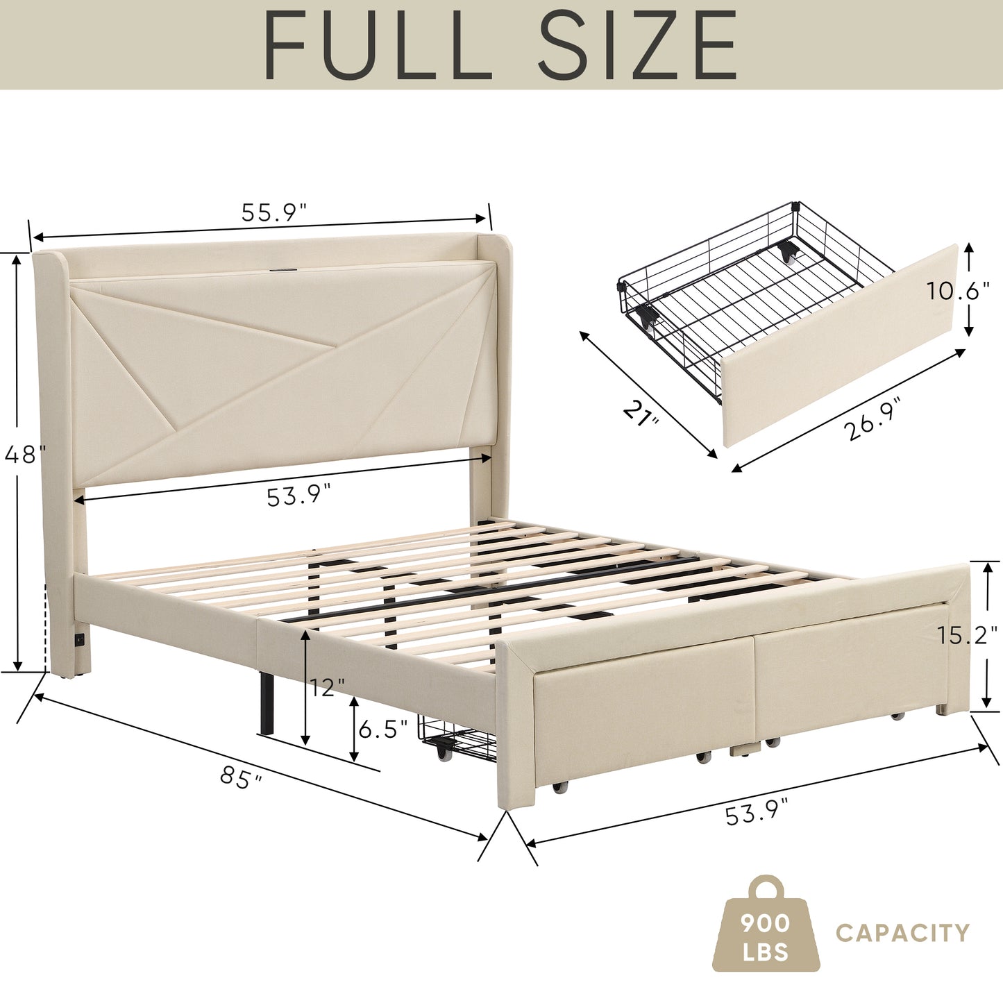 Craven Full Size Bed Frame with 2 Storage Drawers - Beige