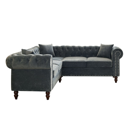 Nest Velvet Button Tufted L-shaped Sofa - Gray