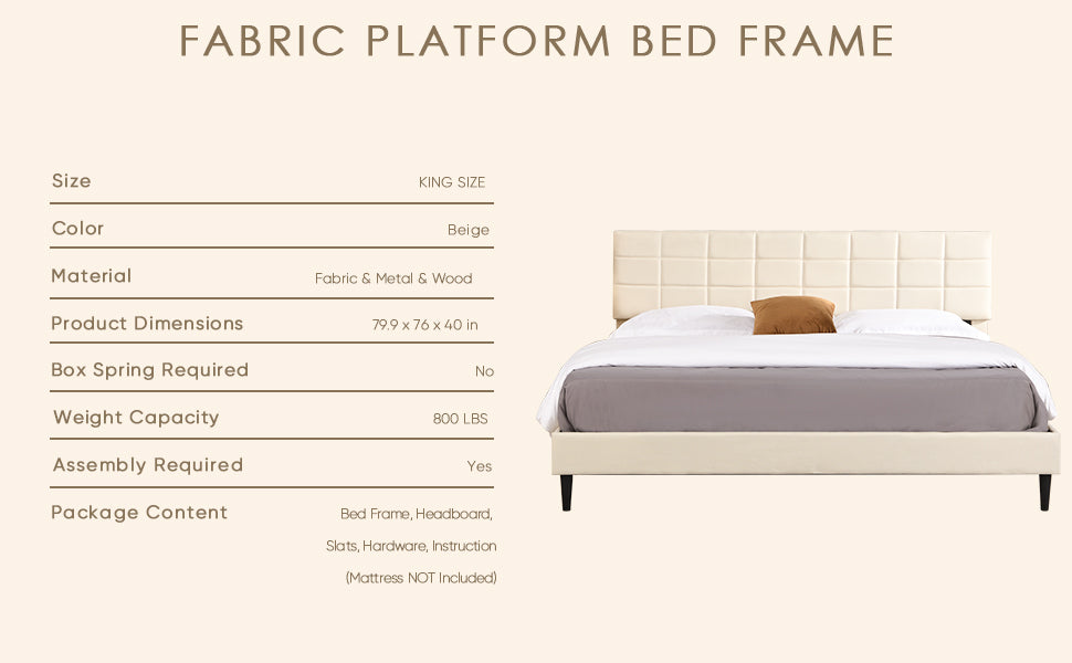 Elegant King Size Platform Bed Frame - Beige